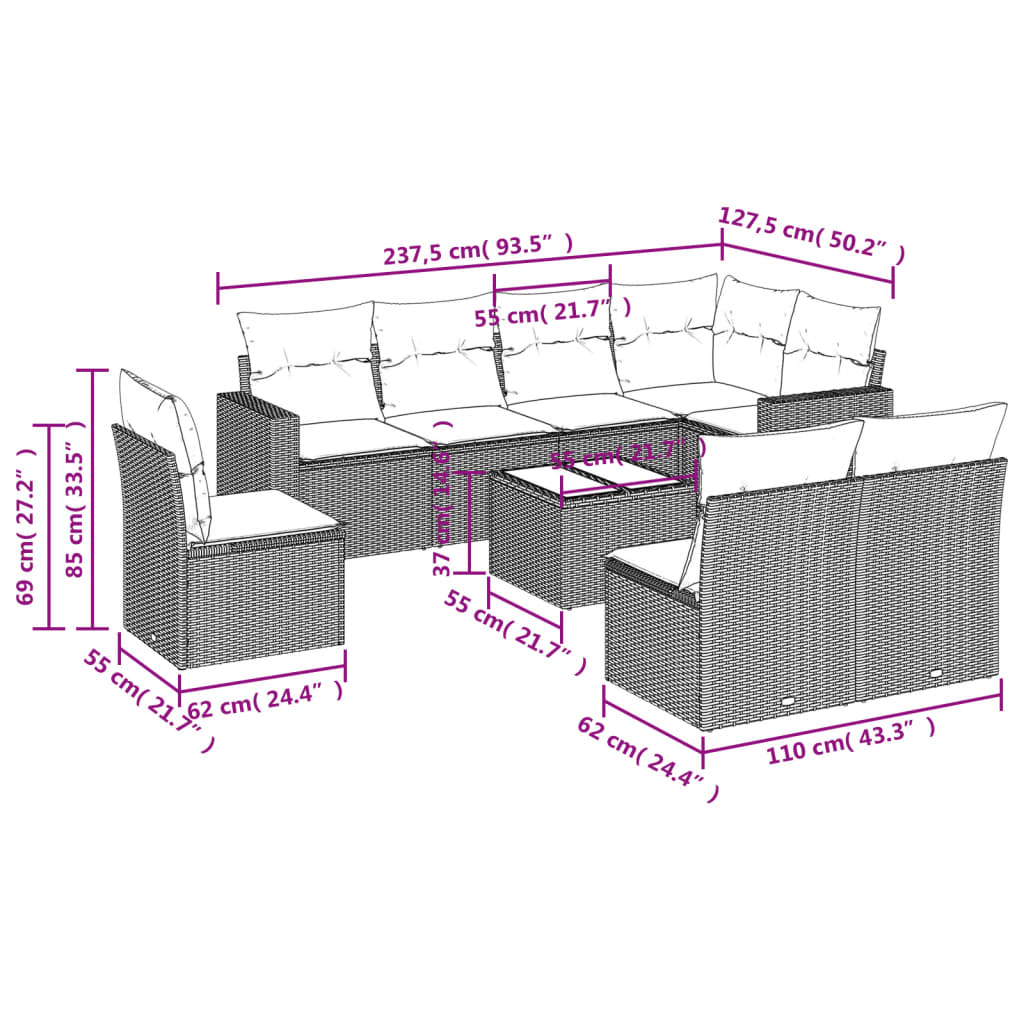 vidaXL 9-tlg. Garten-Sofagarnitur mit Kissen Schwarz Poly Rattan