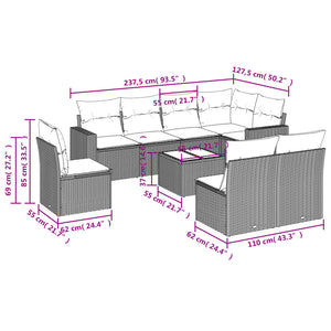 vidaXL 9-tlg. Garten-Sofagarnitur mit Kissen Schwarz Poly Rattan