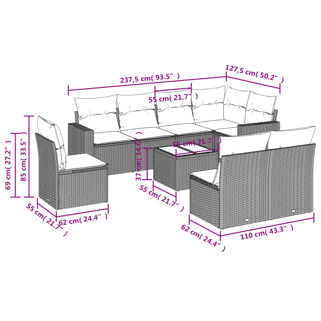 vidaXL 9-tlg. Garten-Sofagarnitur mit Kissen Beige Poly Rattan