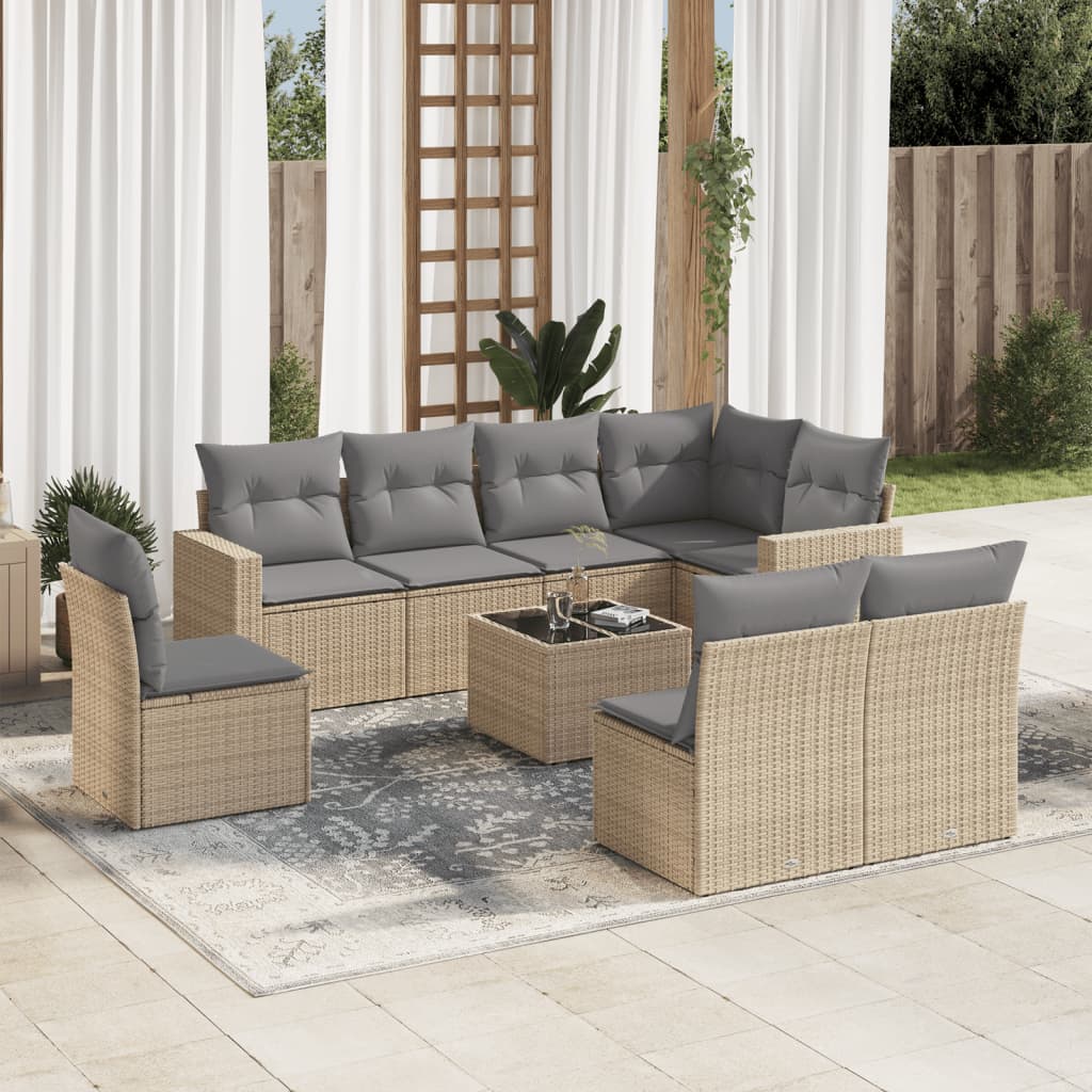 vidaXL 9-tlg. Garten-Sofagarnitur mit Kissen Beige Poly Rattan