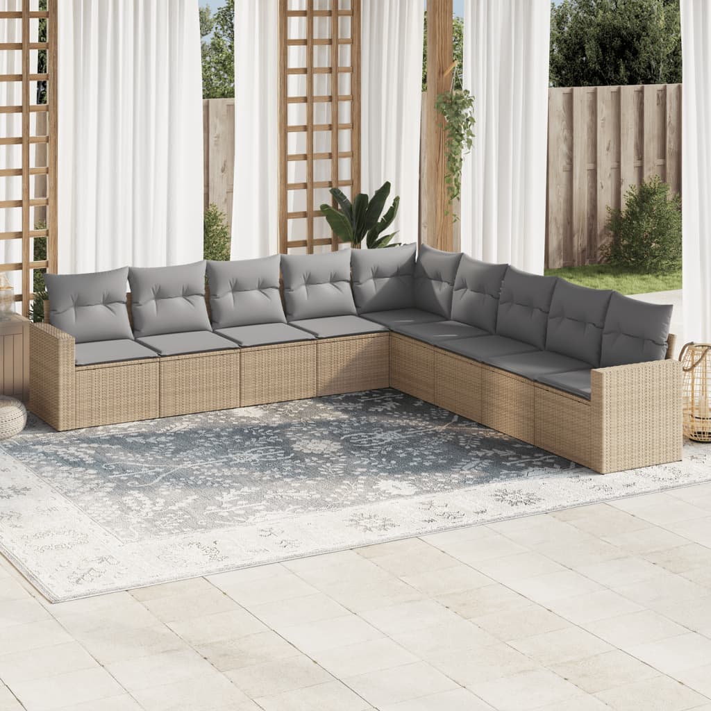 vidaXL 9-tlg. Garten-Sofagarnitur mit Kissen Beige Poly Rattan