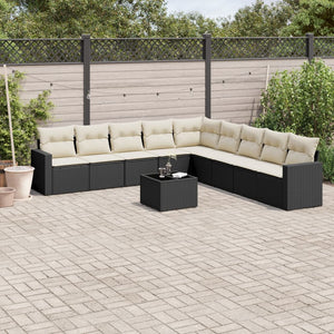 vidaXL 10-tlg. Garten-Sofagarnitur mit Kissen Schwarz Poly Rattan