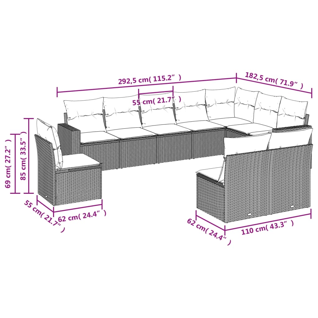 vidaXL 10-tlg. Garten-Sofagarnitur mit Kissen Beige Poly Rattan