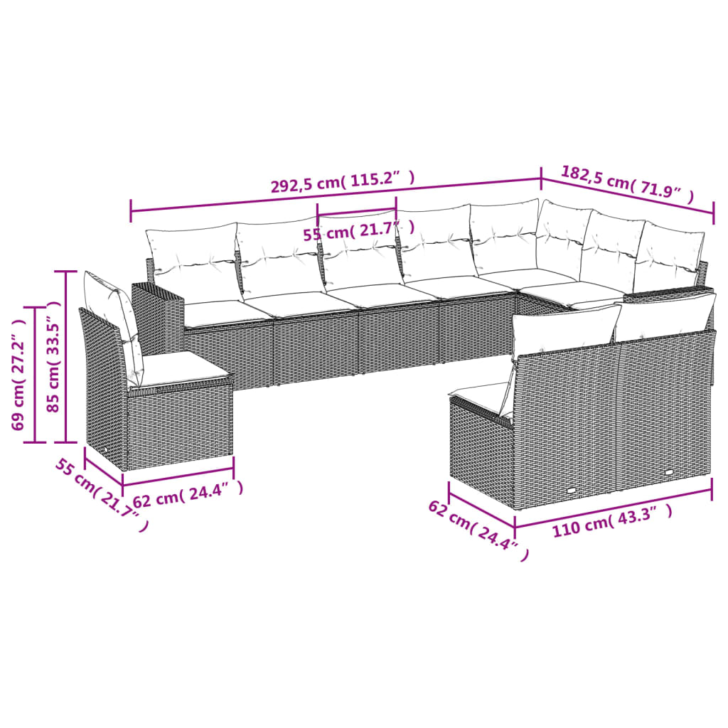 vidaXL 10-tlg. Garten-Sofagarnitur mit Kissen Hellgrau Poly Rattan