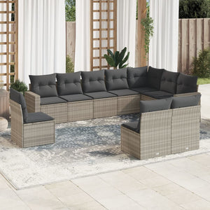 vidaXL 10-tlg. Garten-Sofagarnitur mit Kissen Hellgrau Poly Rattan