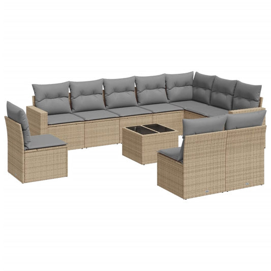 vidaXL 11-tlg. Garten-Sofagarnitur mit Kissen Beige Poly Rattan