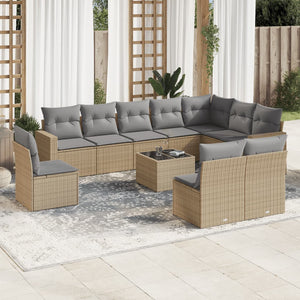 vidaXL 11-tlg. Garten-Sofagarnitur mit Kissen Beige Poly Rattan