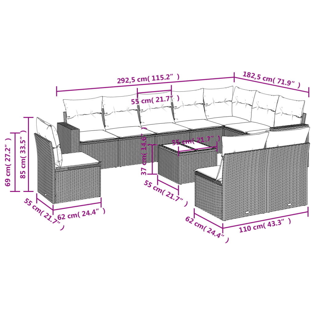 vidaXL 11-tlg. Garten-Sofagarnitur mit Kissen Grau Poly Rattan