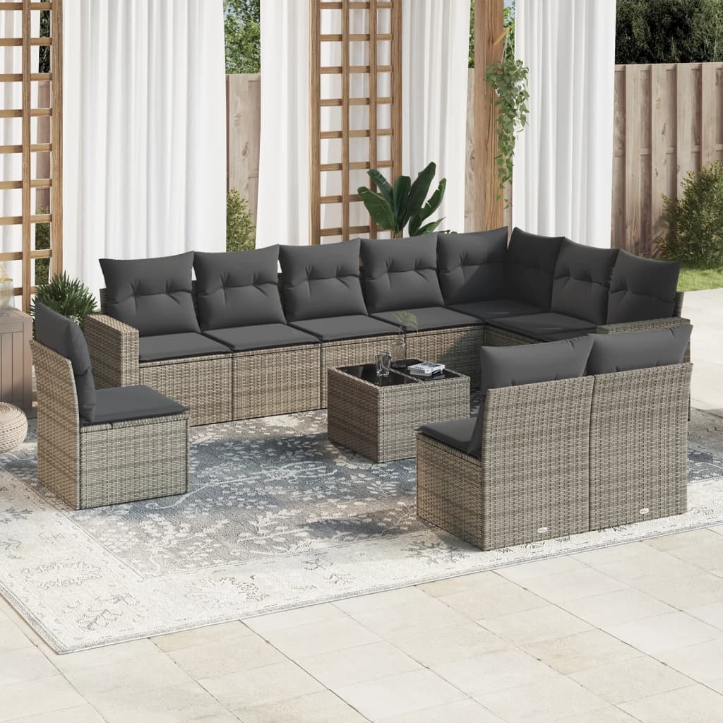 vidaXL 11-tlg. Garten-Sofagarnitur mit Kissen Grau Poly Rattan