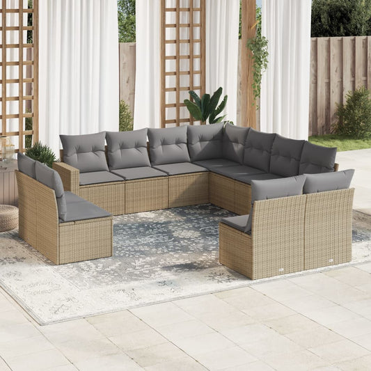 vidaXL 11-tlg. Garten-Sofagarnitur mit Kissen Beige Poly Rattan