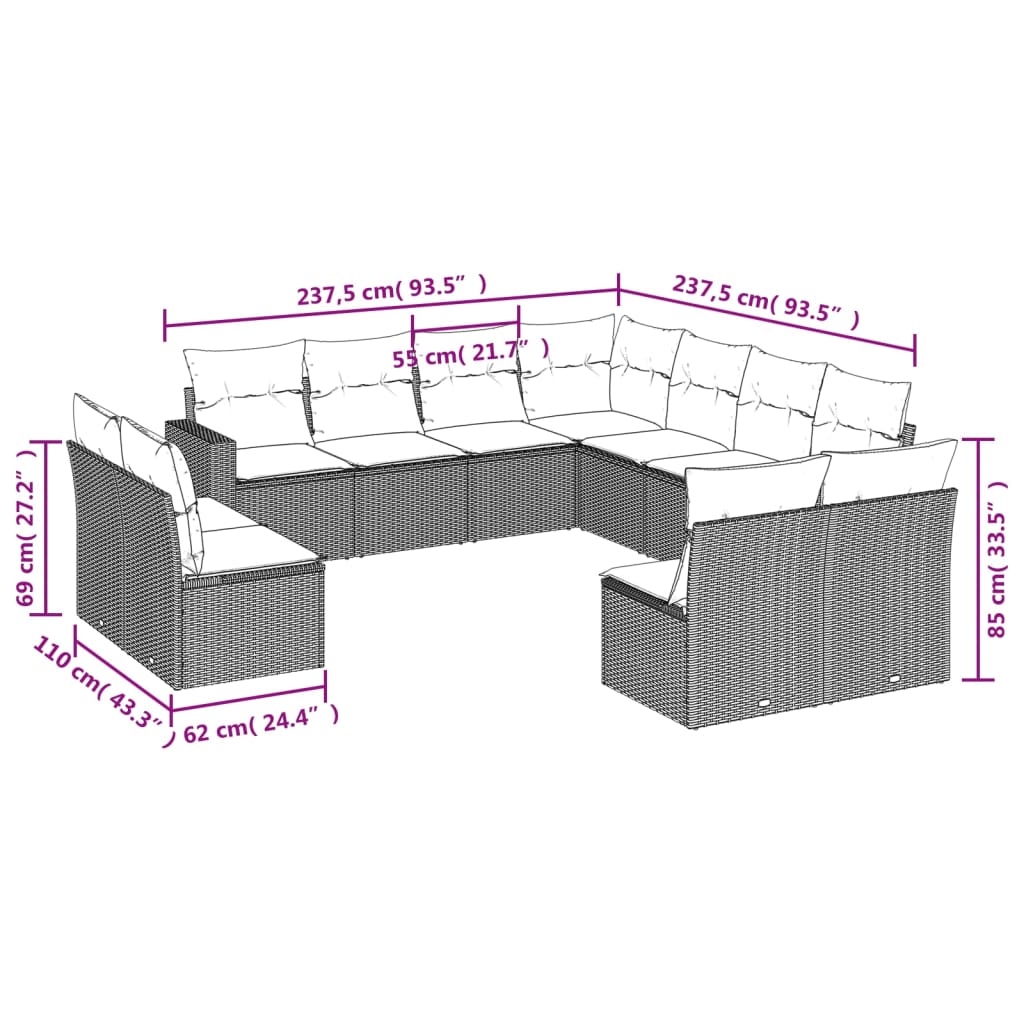 vidaXL 11-tlg. Garten-Sofagarnitur mit Kissen Grau Poly Rattan