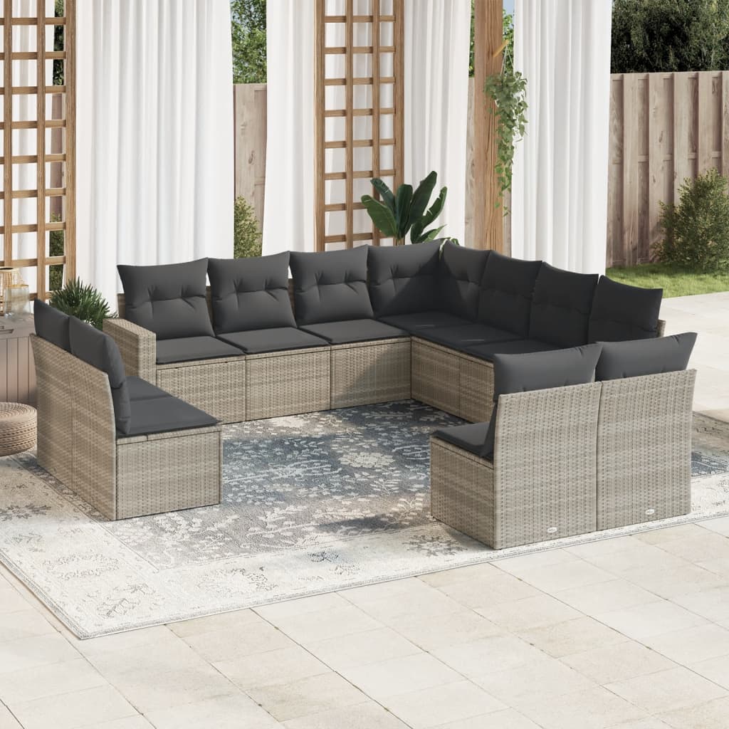 vidaXL 11-tlg. Garten-Sofagarnitur mit Kissen Hellgrau Poly Rattan