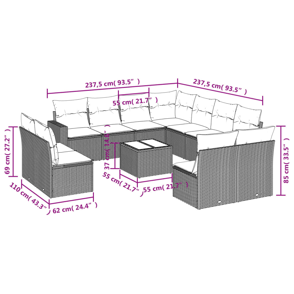 vidaXL 12-tlg. Garten-Sofagarnitur mit Kissen Beige Poly Rattan