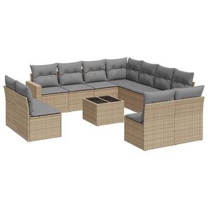 vidaXL 12-tlg. Garten-Sofagarnitur mit Kissen Beige Poly Rattan