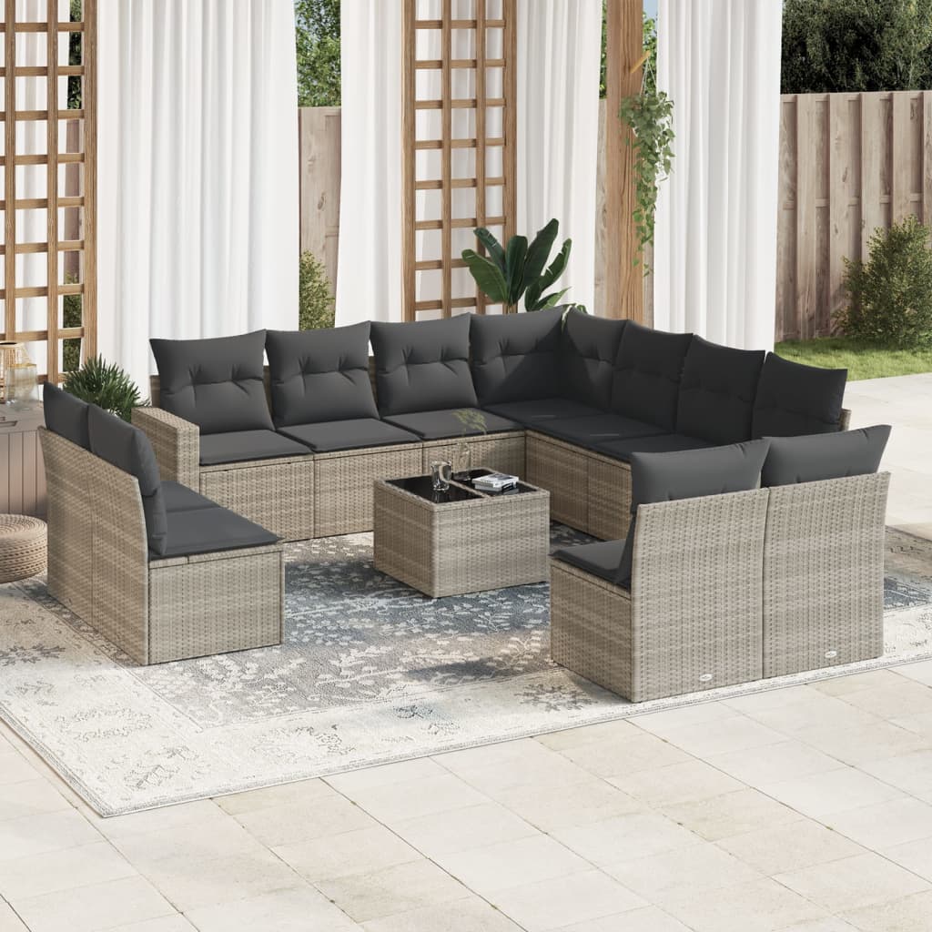 vidaXL 12-tlg. Garten-Sofagarnitur mit Kissen Hellgrau Poly Rattan