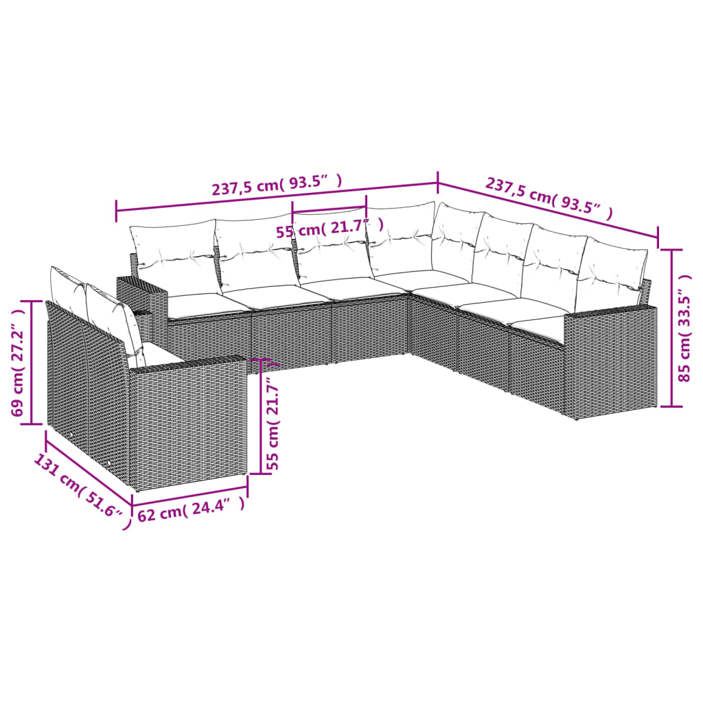 vidaXL 9-tlg. Garten-Sofagarnitur mit Kissen Grau Poly Rattan