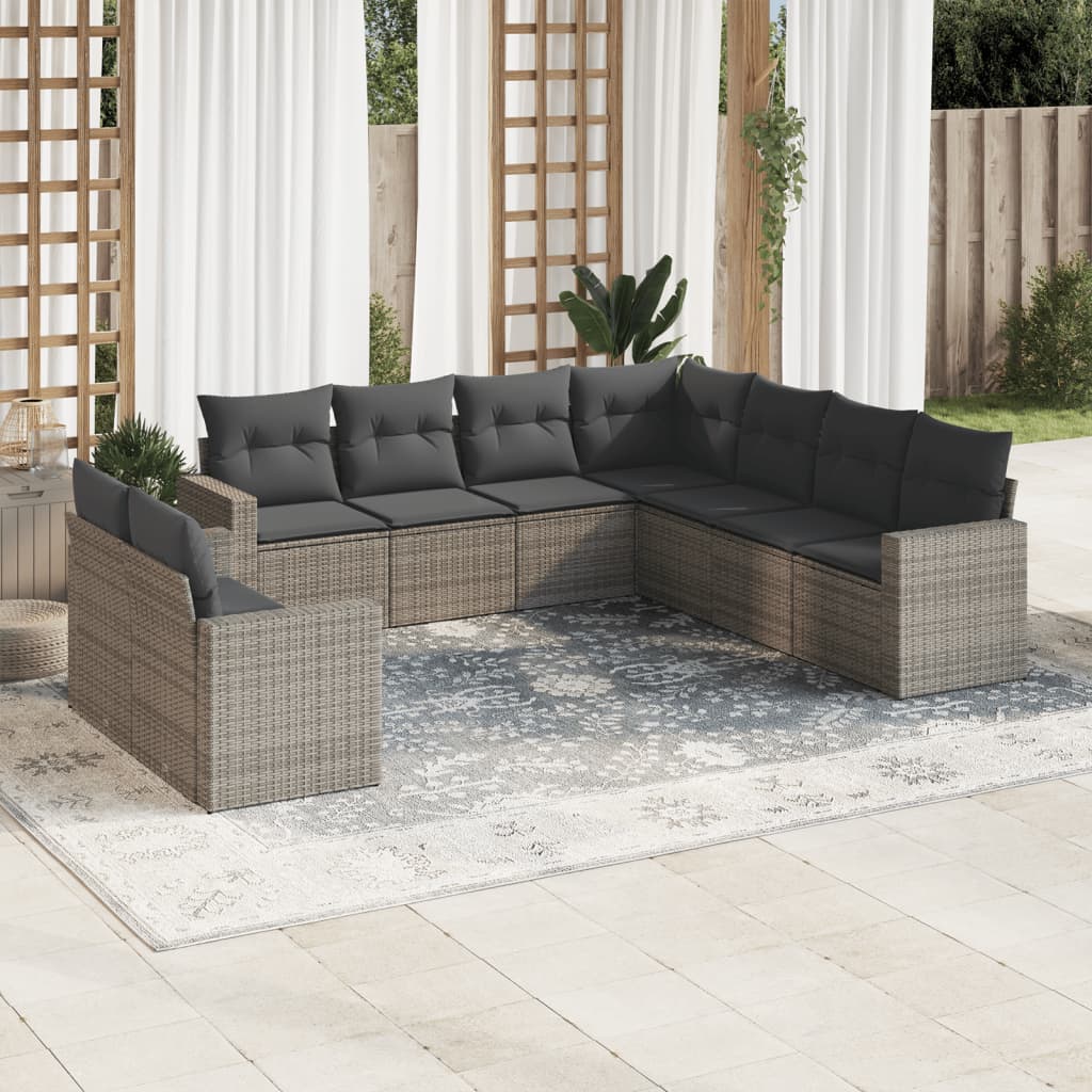 vidaXL 9-tlg. Garten-Sofagarnitur mit Kissen Grau Poly Rattan