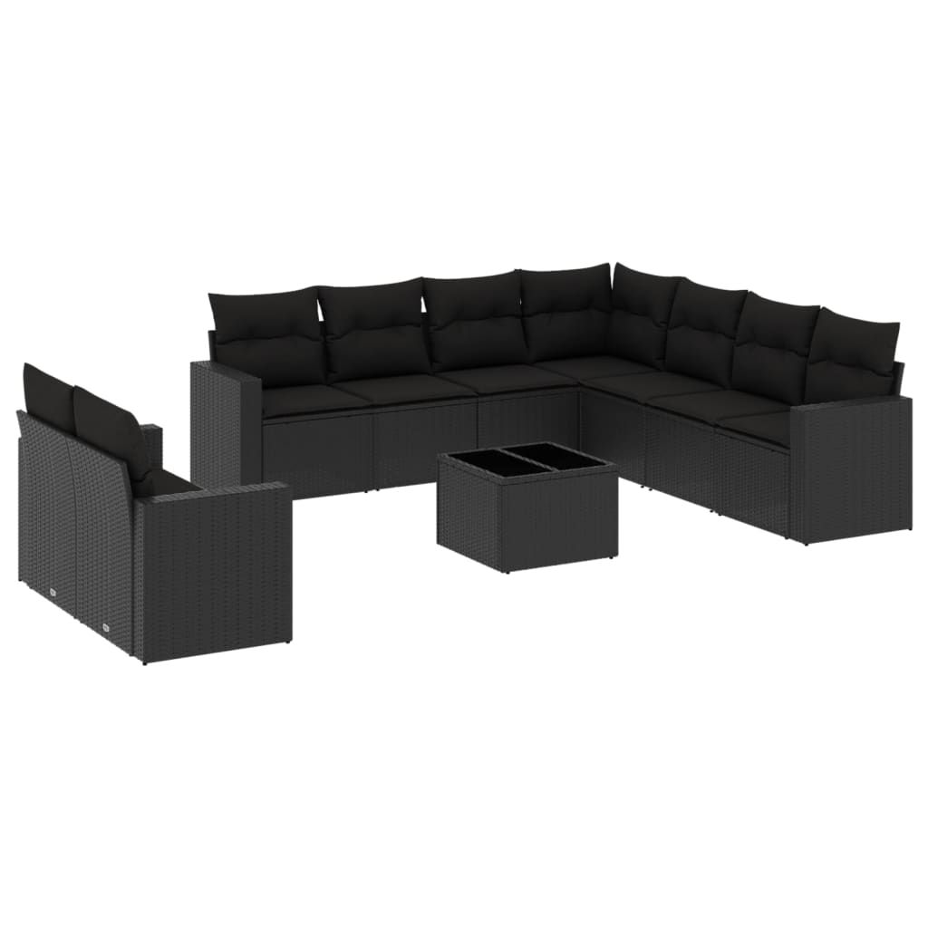 vidaXL 10-tlg. Garten-Sofagarnitur mit Kissen Schwarz Poly Rattan