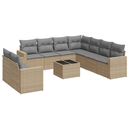 vidaXL 10-tlg. Garten-Sofagarnitur mit Kissen Beige Poly Rattan