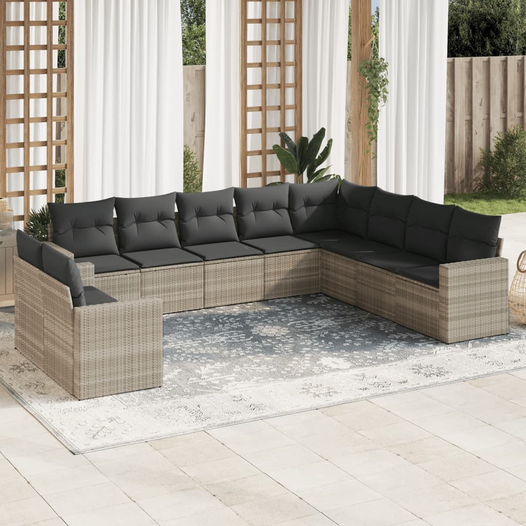 vidaXL 10-tlg. Garten-Sofagarnitur mit Kissen Hellgrau Poly Rattan