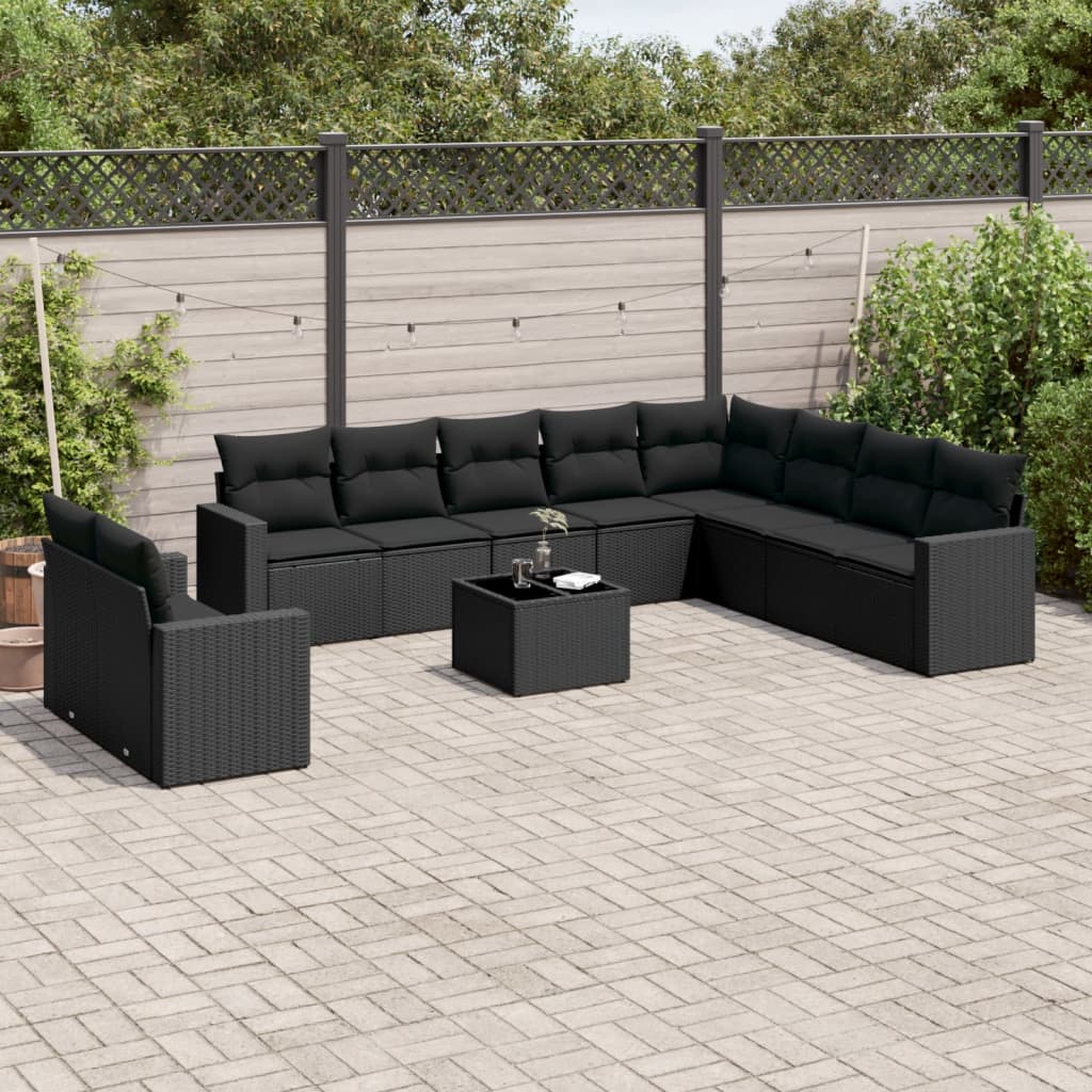 vidaXL 11-tlg. Garten-Sofagarnitur mit Kissen Schwarz Poly Rattan