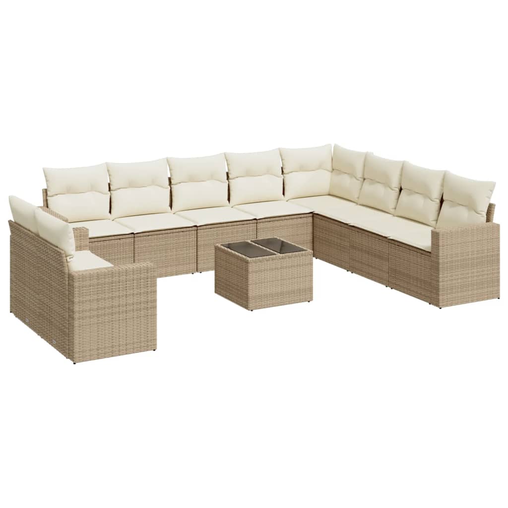 vidaXL 11-tlg. Garten-Sofagarnitur mit Kissen Beige Poly Rattan