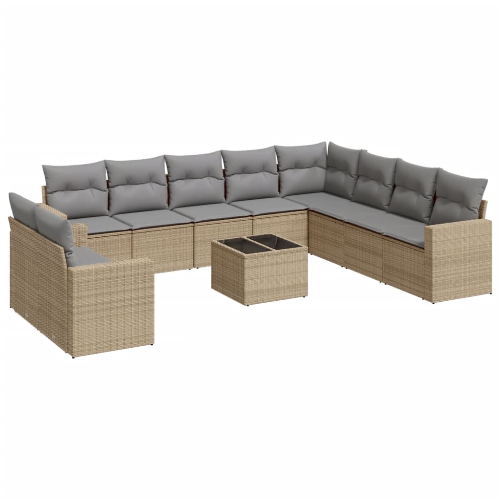 vidaXL 11-tlg. Garten-Sofagarnitur mit Kissen Beige Poly Rattan