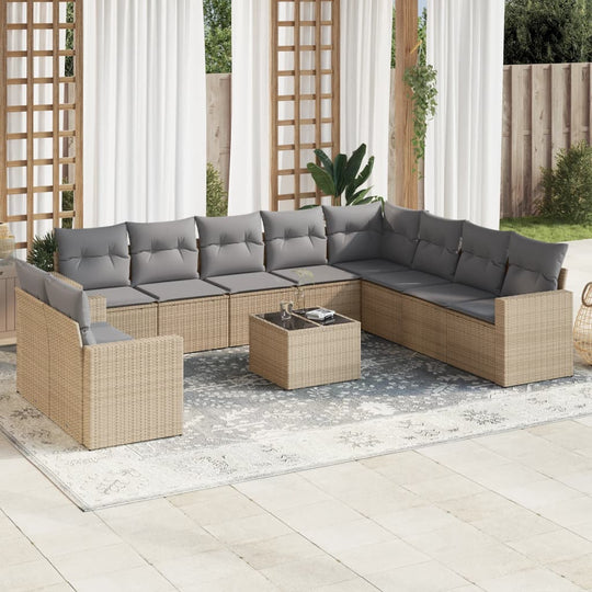 vidaXL 11-tlg. Garten-Sofagarnitur mit Kissen Beige Poly Rattan