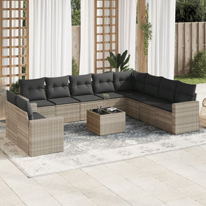 vidaXL 11-tlg. Garten-Sofagarnitur mit Kissen Hellgrau Poly Rattan