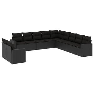 vidaXL 11-tlg. Garten-Sofagarnitur mit Kissen Schwarz Poly Rattan