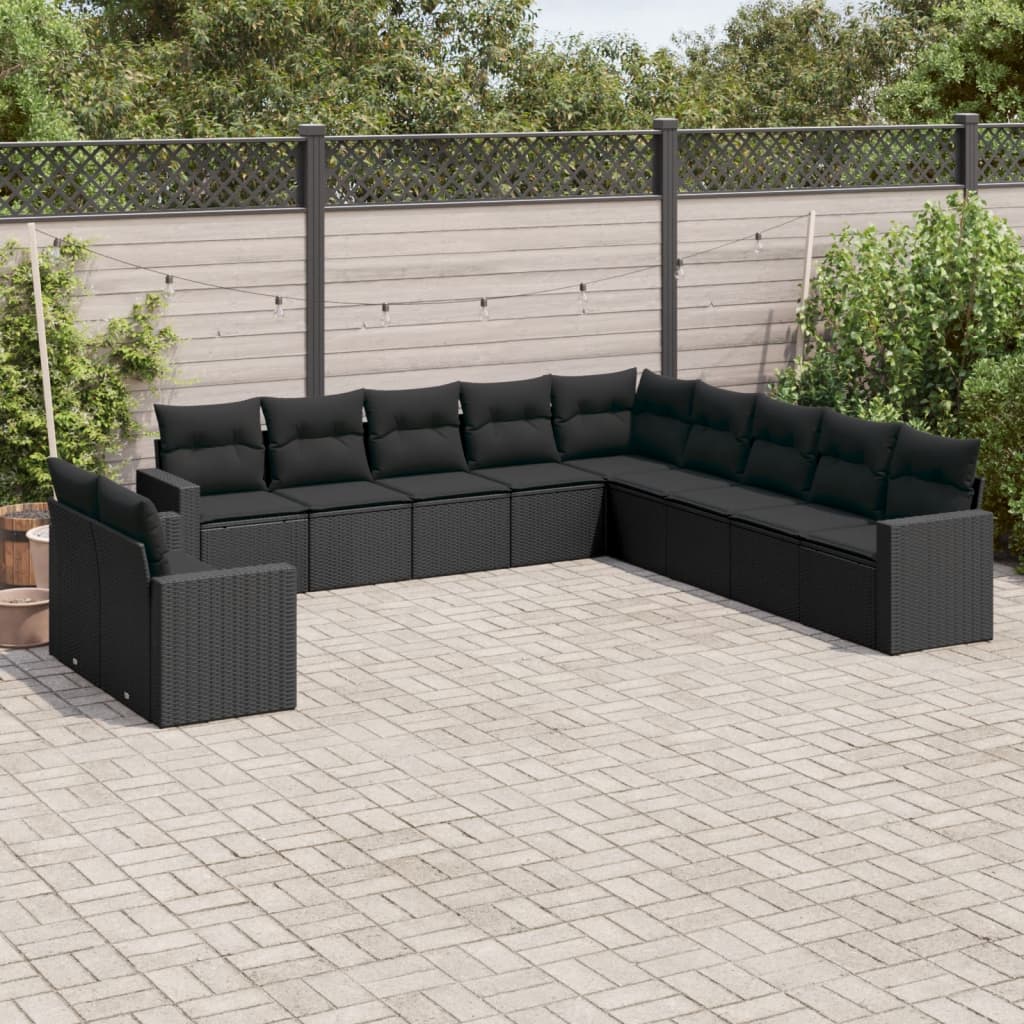 vidaXL 11-tlg. Garten-Sofagarnitur mit Kissen Schwarz Poly Rattan