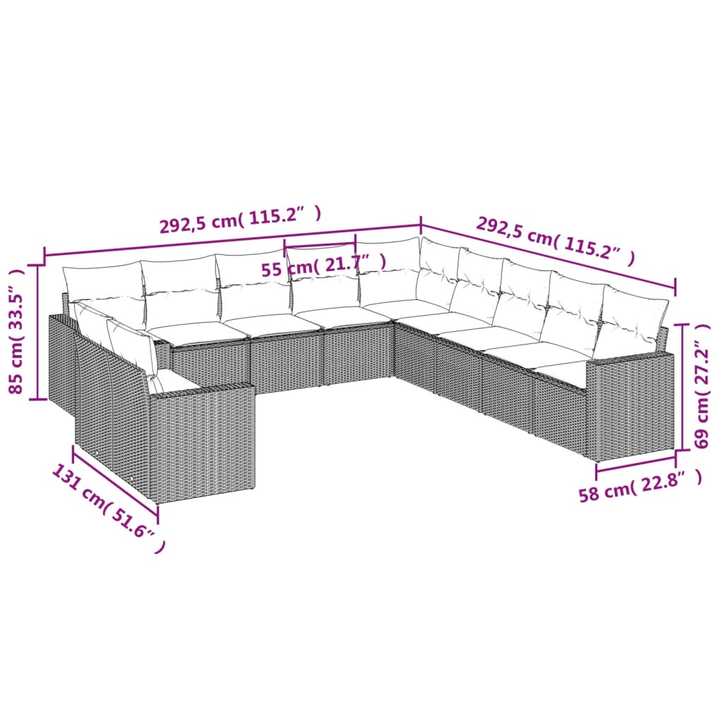 vidaXL 11-tlg. Garten-Sofagarnitur mit Kissen Grau Poly Rattan