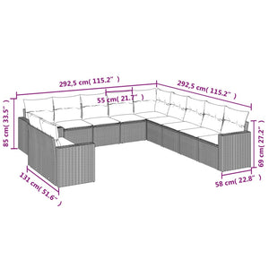 vidaXL 11-tlg. Garten-Sofagarnitur mit Kissen Grau Poly Rattan