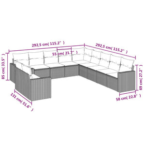 vidaXL 11-tlg. Garten-Sofagarnitur mit Kissen Hellgrau Poly Rattan