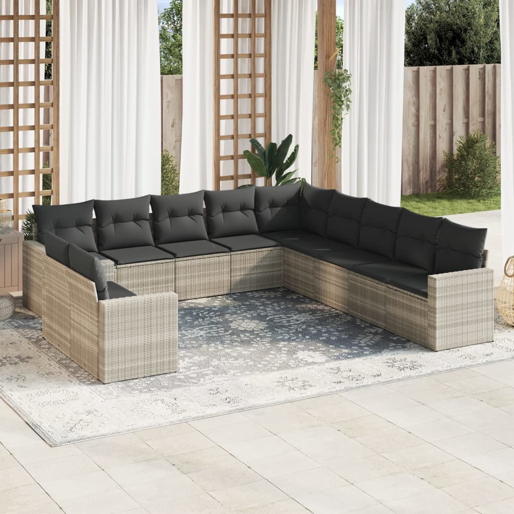 vidaXL 11-tlg. Garten-Sofagarnitur mit Kissen Hellgrau Poly Rattan