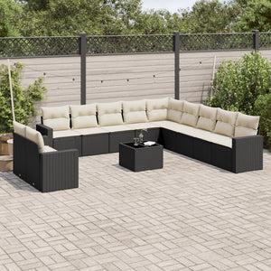 vidaXL 12-tlg. Garten-Sofagarnitur mit Kissen Schwarz Poly Rattan