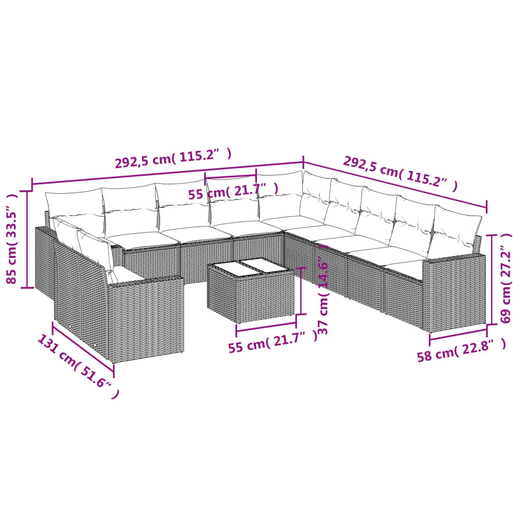 vidaXL 12-tlg. Garten-Sofagarnitur mit Kissen Beige Poly Rattan