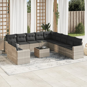 vidaXL 12-tlg. Garten-Sofagarnitur mit Kissen Hellgrau Poly Rattan