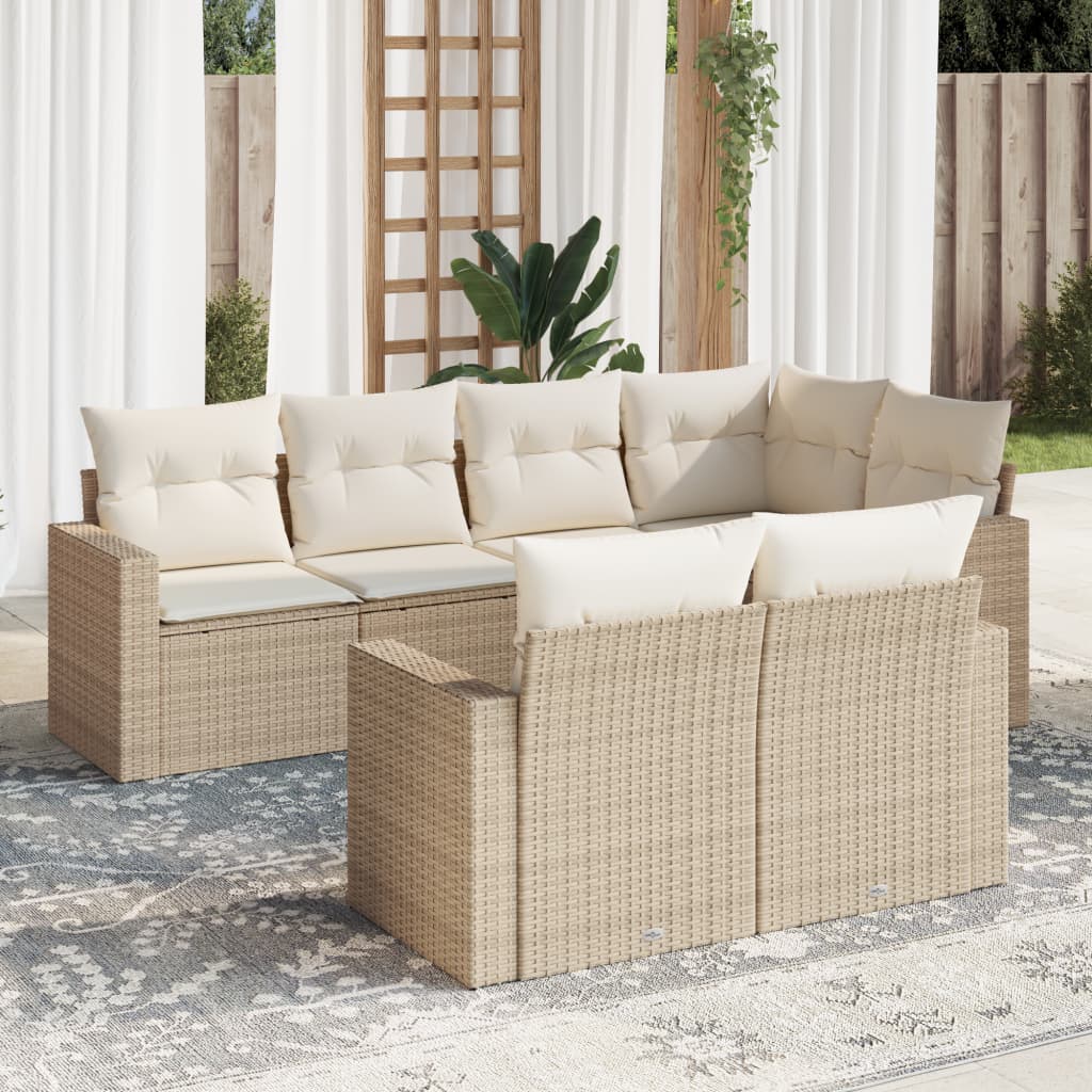 vidaXL 7-tlg. Garten-Sofagarnitur mit Kissen Beige Poly Rattan