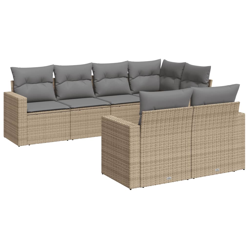 vidaXL 7-tlg. Garten-Sofagarnitur mit Kissen Beige Poly Rattan