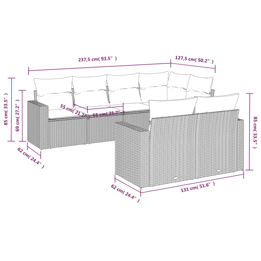 vidaXL 7-tlg. Garten-Sofagarnitur mit Kissen Grau Poly Rattan