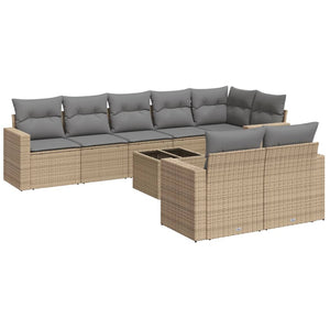 vidaXL 9-tlg. Garten-Sofagarnitur mit Kissen Beige Poly Rattan