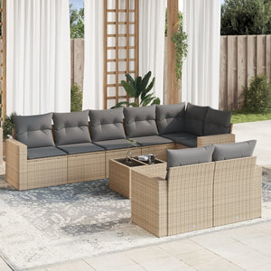 vidaXL 9-tlg. Garten-Sofagarnitur mit Kissen Beige Poly Rattan