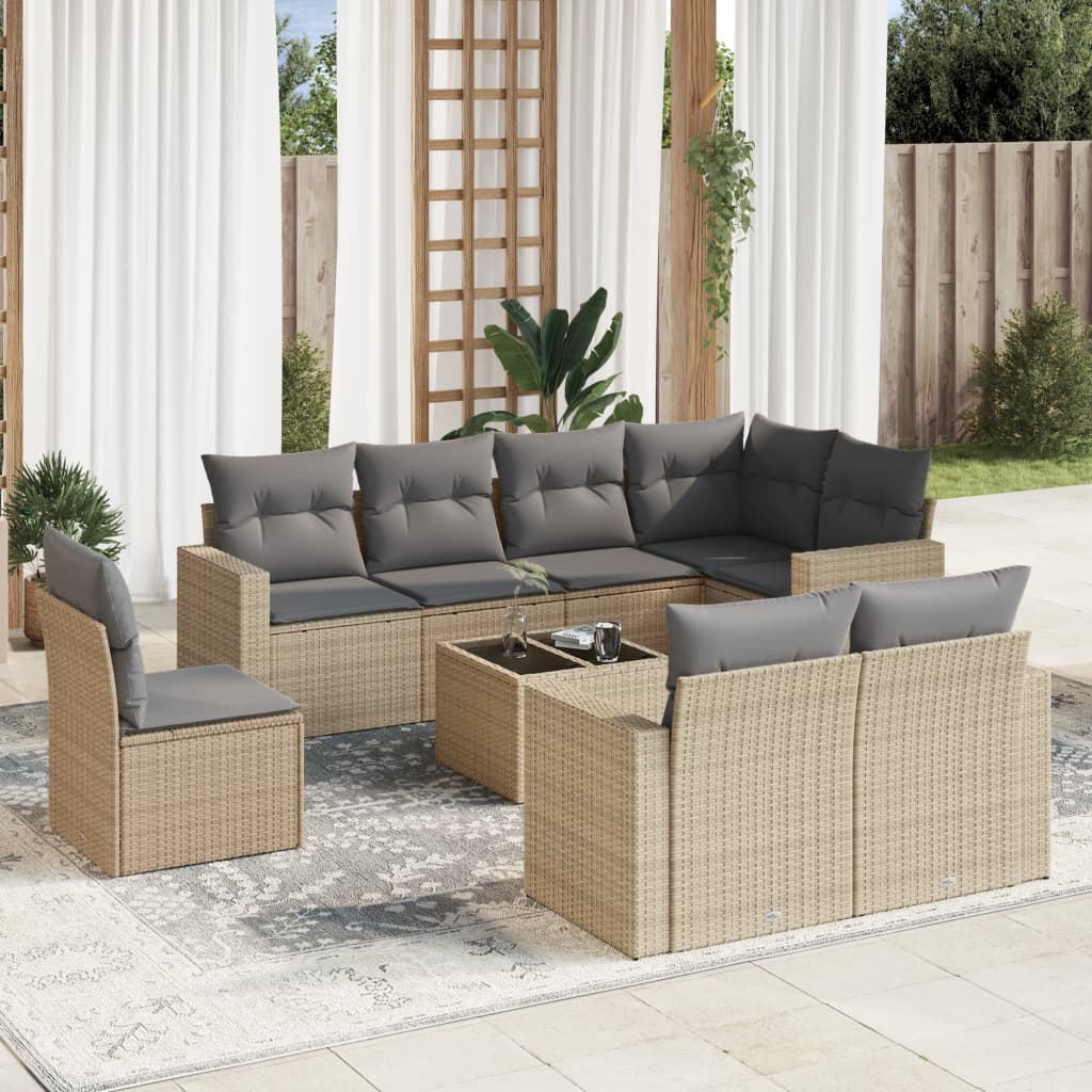 vidaXL 9-tlg. Garten-Sofagarnitur mit Kissen Beige Poly Rattan