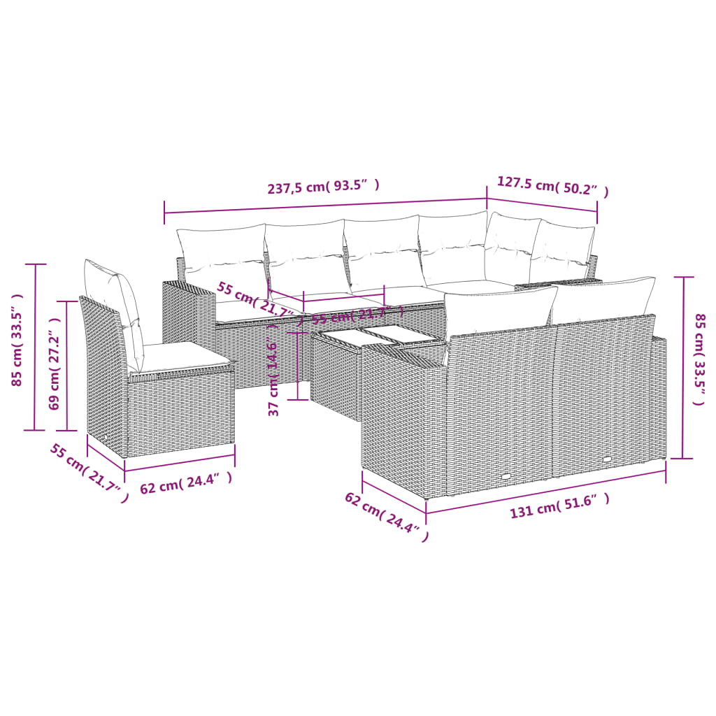 vidaXL 9-tlg. Garten-Sofagarnitur mit Kissen Grau Poly Rattan