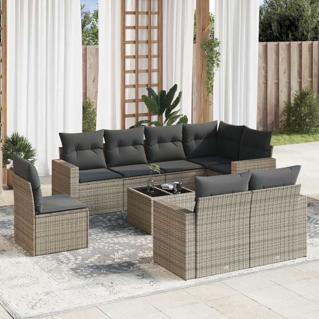 vidaXL 9-tlg. Garten-Sofagarnitur mit Kissen Grau Poly Rattan