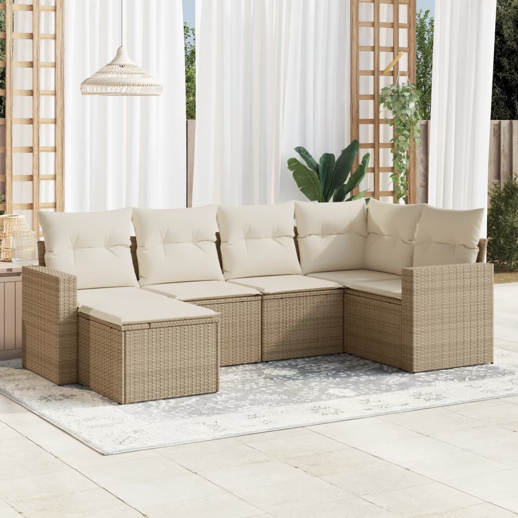 vidaXL 6-tlg. Garten-Sofagarnitur mit Kissen Beige Poly Rattan