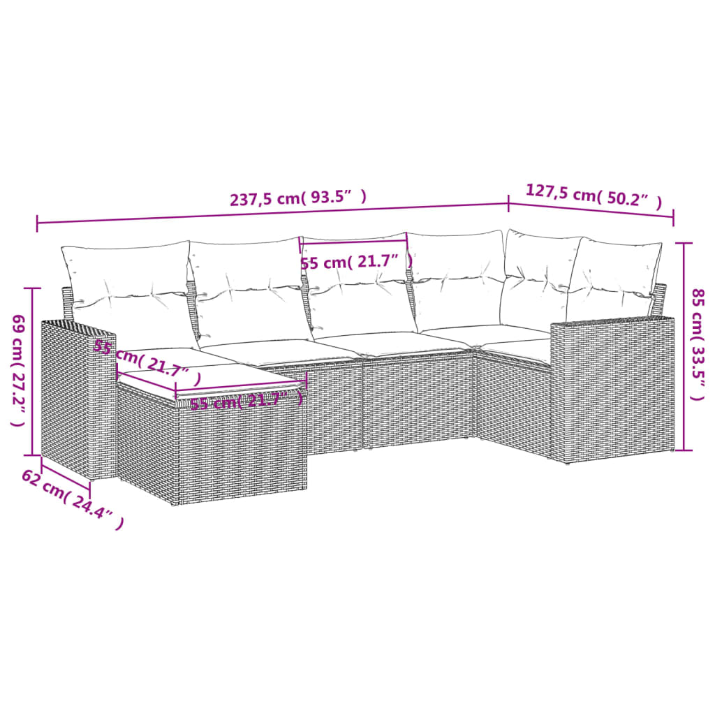 vidaXL 6-tlg. Garten-Sofagarnitur mit Kissen Hellgrau Poly Rattan