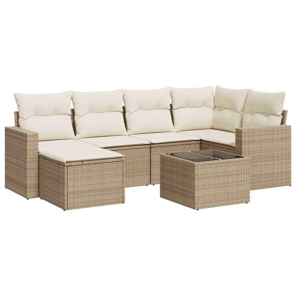 vidaXL 7-tlg. Garten-Sofagarnitur mit Kissen Beige Poly Rattan