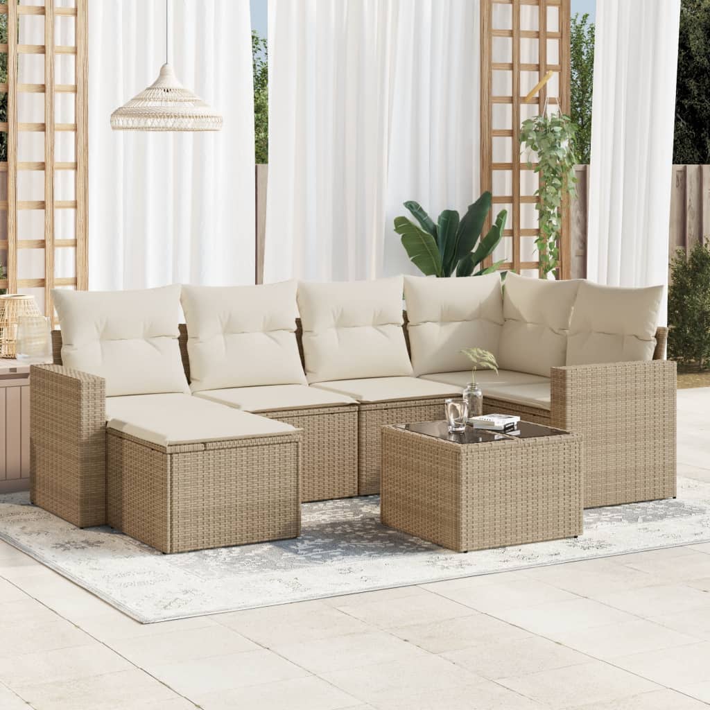 vidaXL 7-tlg. Garten-Sofagarnitur mit Kissen Beige Poly Rattan